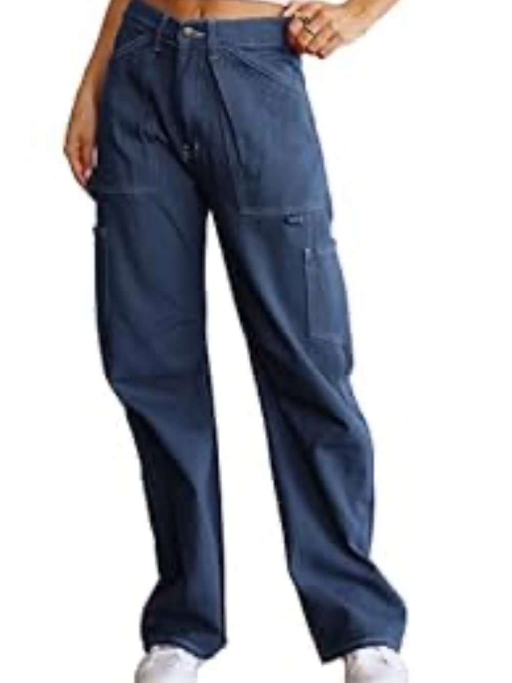 Wide Leg Cargo Denim Pants - Navy